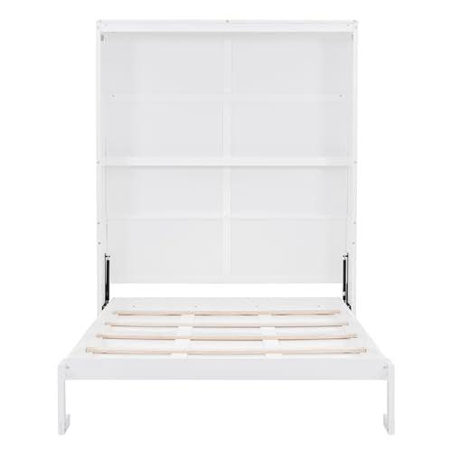 Merax Queen Size Murphy Bed, Wood Queen Murphy Hidden Wall Bed with Shelves for Home Office or Small Room, No Box Spring Needed, White Merax