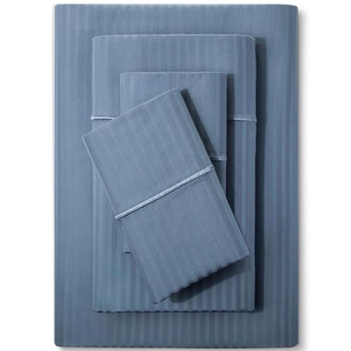 Feather & Stitch 500 TC Queen Size Damask Bed Sheet Set, 100% Cotton Soft Breathable Bedsheets, 4 Piece 18" Deep Pockets Sateen Weave Striped Bedding Mattress Resort Hotel Luxury Décor - (Blue Stripe) FEATHER & STITCH NEW YORK