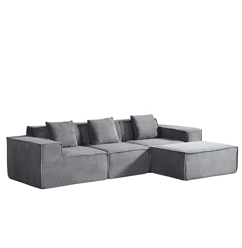 Container Furniture Direct Rowan Convertible Corduroy Sectional Couch with Ottoman & Pillows, Modular L Shaped Sleeper Sofa, Boneless Cloud Couch for Living Room Furniture, Dark Grey Container Furniture Direct