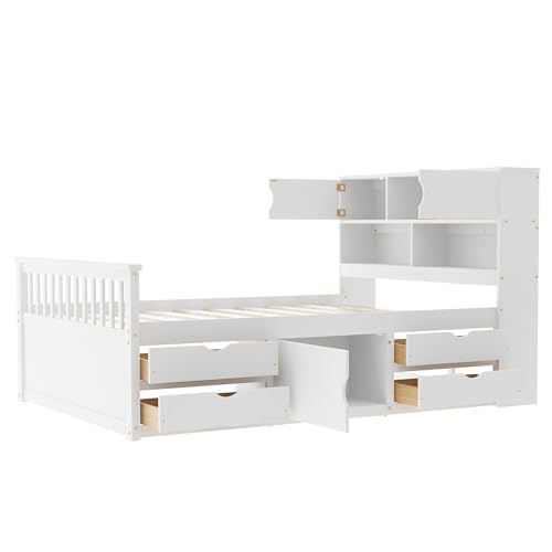 Merax Full Size Modern Captain Platform Bed Frame with Storage Shelves, 4 Drawers & Bookcase Headboard, White Merax