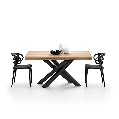 Mobili Fiver, Emma 160 Extendable Dining Table, Rustic Oak with Black Crossed Legs, Laminate-Finished/Iron, Made in Italy - WoodArtSupply