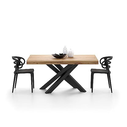 Mobili Fiver, Emma 160 Extendable Dining Table, Rustic Oak with Black Crossed Legs, Laminate-Finished/Iron, Made in Italy - WoodArtSupply