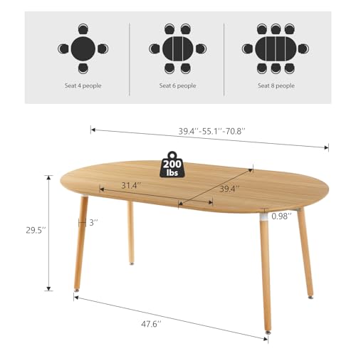 Oval Extendable Dining Room Table for 4-8 People, Modern Wooden Dining Table with MDF Tabletop and Metal Frame, Extendable from 43" to 59" to 74.8", Oval Kitchen Table for Home, Office,Oval Natural Lecut