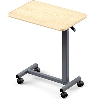 WOTURE Adjustable Overbed Table with Wheels, Bedside Rolling Table, Pneumatic Height Adjustment, Hospital Bed Table on Wheels, Standing Desk, Bedridden & Mobility Needs, Maple