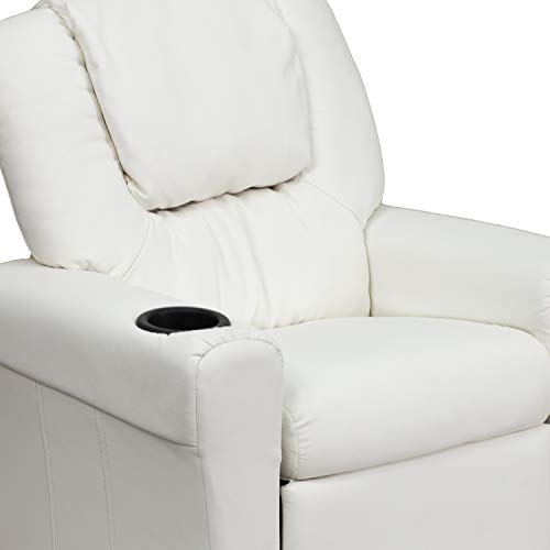 Flash Furniture Vana Vinyl Kids Recliner with Cup Holder, Headrest, and Safety Recline, Contemporary Reclining Chair for Kids, Supports up to 90 lbs., White