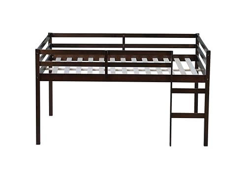 Full Loft Bed with Ladder,Rubber Wood Kids Bed with Guardrails,Low-Profile Lofts for Children’s Room,Space-Saving Underbed Storage,Sturdy Construction,Minimalist Design for Bedroom, Espresso GDFStudio