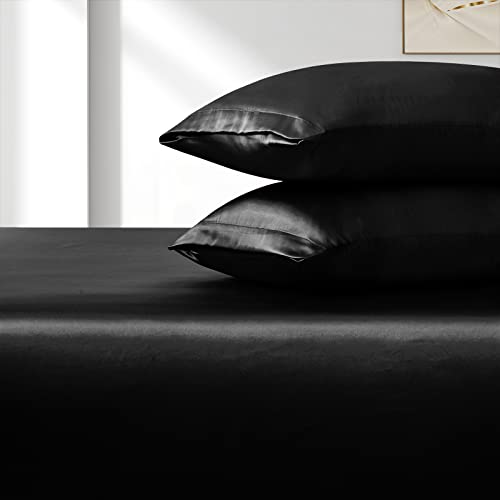 VACVELT 3pcs Extra Deep Pocket Satin Fitted Sheet Set Queen Bed Set, Black Bottom Sheet Fit 18-24 Inch Deep Pocket Mattress, Silky Bedding Set Soft & Ultra Deep Fitted Sheet & 2 Pillowcase VACVELT