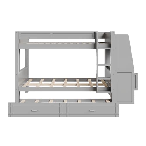 Merax Full Over Full Size Multifunctional Bunk Bed with Trundle, Desk, Bookshelves, Modern Loft Bed Frame with Ladder, Storage Shelves, and Guardrail for Teens, Gray Merax