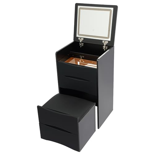 ILWorkTLs Compact Vanity Desk with Mirror and Lights,Makeup Vanity Table with with Hidden Stool and Drawers,3-in-1 Dressing Table for Small Space,Bedroom,Black ILWorkTLs