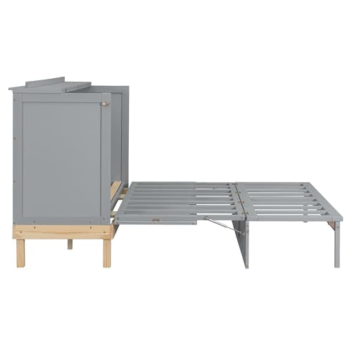 LZ LEISURE ZONE Queen Size Murphy Bed, Wood Cabinet Bed with Legs, Gray LZ LEISURE ZONE