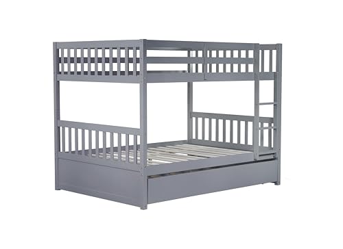 PVWIIK Full Over Full Bunk Bed with Twin Trundle, 3-in-1 Solid Rubberwood Loft Bed Converts to 2 Full Beds, Includes Ladder & Guardrails, Grey PVWIIK