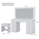 FUSOU 15 Drawers Vanity with Mirror and 12 LED Lights, Makeup Vanity with Charging Station, 3 Color Modes Adjustable Brightness, Glass Top Vanity Desk with Stool for Bedroom, White FUSOU