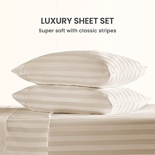 SLEEP ZONE Striped Cooling Twin Sheets Set for Kids - Fitted Flat Sheet & Pillowcase Sets 3 Piece - Super Soft Stripe Bed Sheet, Easy Care, Deep Pocket (Beige, Twin) SLEEP ZONE