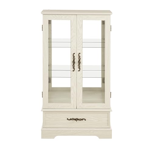 JIJIWANG Curio Cabinet with Adjustable Glass Shelves, Mirrored Back Panel & Tempered Glass Doors&Drawer,Wooden Display Cabinet for Living Room, Hallway,Light Bulb Included,White JIJIWANG