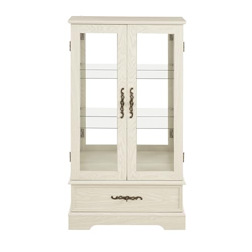 JIJIWANG Curio Cabinet with Adjustable Glass Shelves, Mirrored Back Panel & Tempered Glass Doors&Drawer,Wooden Display Cabinet for Living Room, Hallway,Light Bulb Included,White