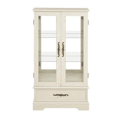 JIJIWANG Curio Cabinet with Adjustable Glass Shelves, Mirrored Back Panel & Tempered Glass Doors&Drawer,Wooden Display Cabinet for Living Room, Hallway,Light Bulb Included,White