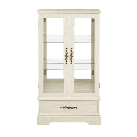 JIJIWANG Curio Cabinet with Adjustable Glass Shelves, Mirrored Back Panel & Tempered Glass Doors&Drawer,Wooden Display Cabinet for Living Room, Hallway,Light Bulb Included,White JIJIWANG