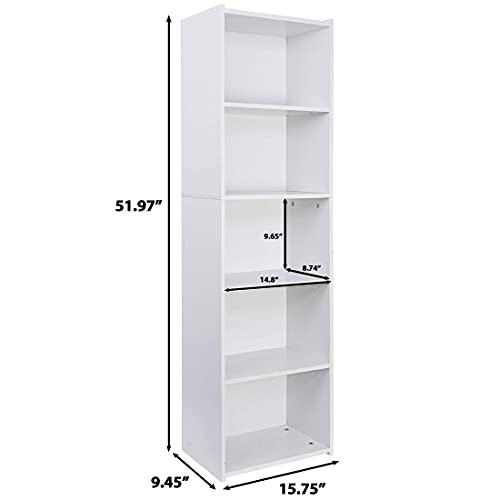 5-Tier Narrow Bookshelf – Freestanding Wood Cube Storage Shelf for Small Spaces, White SUPER DEAL