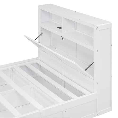 Hydraulic Platform Bed with LED Headboard, Storage Drawers, and Charging Station – Solid Wood Frame (Gray) WoodArtSupply