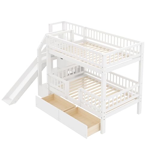 Merax Bunk Bed Twin Size with Drawers, Slide and Storage Stairs, Solid Wood Bunk Bed Frame with Fence for Kids Teens, No Spring Box Required, No Squeaks,White Merax