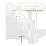 Full Murphy Bunk Bed with Desk and Hydraulic Lift, Full Over Full Size Murphy Bed with Storage Stairs, White Bellemave