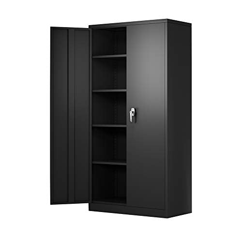 Generic Metal Storage Cabinet,Steel Storage Cabinet with 2 Doors and 4 Adjustable Shelves,Black Metal Cabinet with Lock,72"" Tall Steel - WoodArtSupply