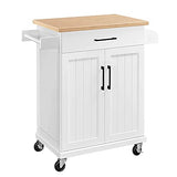 Yaheetech Kitchen Cart with Bamboo Tabletop, 34.5" Width Rolling Kitchen Island with Drawer and Adjustable Shelf, Storage Cabinet with Spice Rack Towel Bar for Dining Room Kitchen Living Room, White Yaheetech