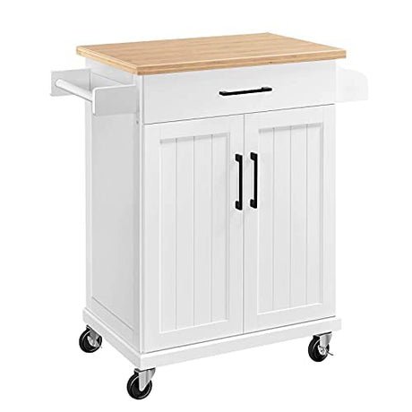 Yaheetech Kitchen Cart with Bamboo Tabletop, 34.5" Width Rolling Kitchen Island with Drawer and Adjustable Shelf, Storage Cabinet with Spice Rack Towel Bar for Dining Room Kitchen Living Room, White Yaheetech