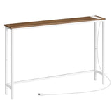 HOOBRO Narrow Console Table with Power Outlets, 44.9 Inches Sofa Table, Slim Behind Couch Table, Entryway Table with Display Shelf, for Living Room, Foyer, Hallway, Walnut and White WH114UXG01 HOOBRO