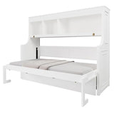 MERITLINE Twin Size Horizontal Murphy Bed with Desk and Storage Shelves, Wooden Twin Folding Murphy Wall Bed for Adult Home Office, Apartment, Small Spaces, White MERITLINE