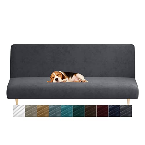 MAXIJIN Velvet Futon Cover Full Size Stretch Futon Mattress Cover Thick Soft Armless Sofa Bed Slipcover Plush Couch Furniture Protector with Elastic Bottom, Machine Washable (Gray) MAXIJIN