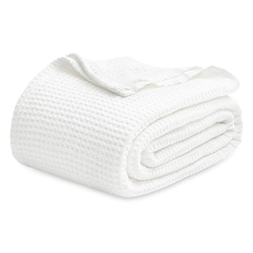 Bedsure Gentlesoft 100% Cotton Blanket Queen Size for Bed - Cooling Breathable and Soft for Spring Summer, Thick Cozy Waffle Weave Blanket Gifts for Women, White, 90x90 Inches Bedsure