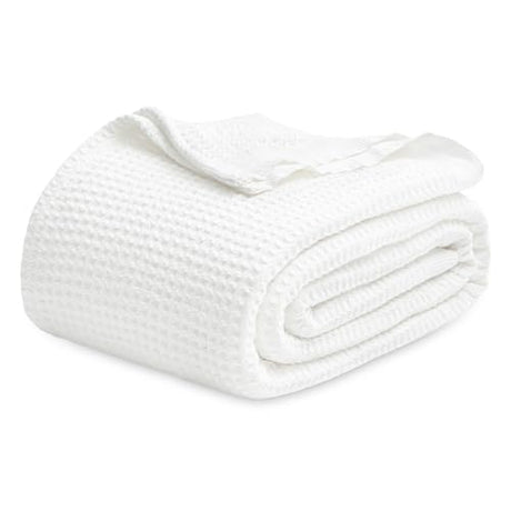 Bedsure Gentlesoft 100% Cotton Blanket Queen Size for Bed - Cooling Breathable and Soft for Spring Summer, Thick Cozy Waffle Weave Blanket Gifts for Women, White, 90x90 Inches Bedsure