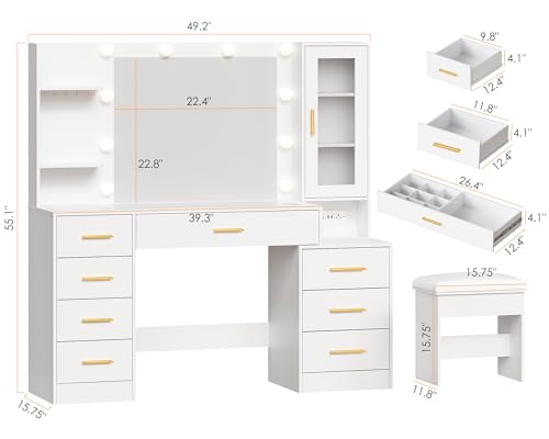 ANWBROAD 49.2" Large Vanity Desk with Mirror and Lights White Makeup Vanity Desk with Glass Top and Power Outlet 8 Drawers Nightstand 5 Hooks Vanity Table with Stool for Bedroom Women Girls UBDT88W ANWBROAD