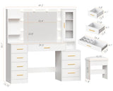 ANWBROAD 49.2" Large Vanity Desk with Mirror and Lights White Makeup Vanity Desk with Glass Top and Power Outlet 8 Drawers Nightstand 5 Hooks Vanity Table with Stool for Bedroom Women Girls UBDT88W ANWBROAD