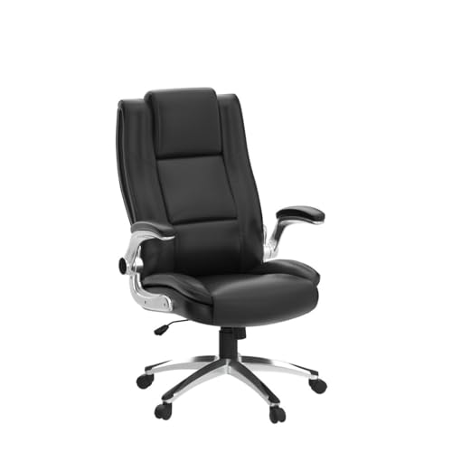 COLAMY High Back Executive Office Chair- Ergonomic Home Computer Desk Leather Chair with Padded Flip-up Arms, Adjustable Tilt Lock, Swivel Rolling Chair for Adult Working Study-Brown COLAMY