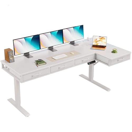 OffiGo 63 Inch L Shaped Electric Standing Desk with Drawers, Height Adjustable Large Desk with Power Outlets, Sit Stand Table, Writing Computer Desk for Home, Office, Workstation,White OffiGo