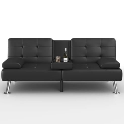 GUNJI Multi-Functional Faux Leather Futon Sofa Bed with Removable Armrests and Adjustable Sleeper Function, Double Cup Holder Design, Suitable for Living Room GUNJI