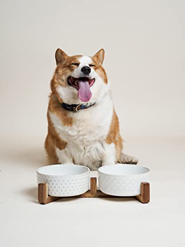 LE TAUCI Dog Bowls Small Breed,Dog Bowl Set with Acacia Wood Stand,1.8 Cups Food and Water Bowl for Small Dogs and Cats, Weighted Dog Dishes, Pet Bowls LE TAUCI