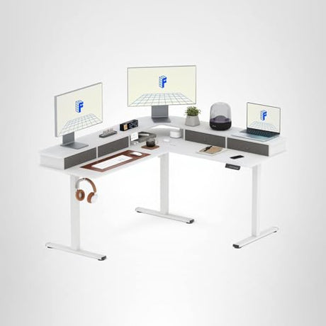 FLEXISPOT 63" L Shaped Standing Desk with Shelf Electric Corner Table, Drawers, Adjustable Computer Workstation for Home, Office,63x55in, White Top + White Frame FLEXISPOT