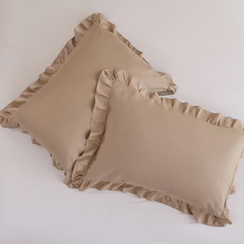 JANZAA Queen Ruffled Comforter Set 3PCS (1 Taupe Comforter Set and 2 Pillowcases) Vintage Farmhouse Shabby Chic Bedding Soft Fluffy Bed Set All Season JANZAA