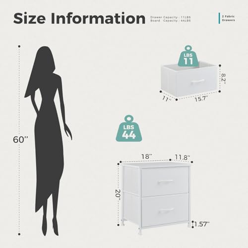 DUMOS Nightstand Small Dresser with 2 Fabric Drawers Side Tables Bedroom End Table Kids Bedside Storage Furniture for 20 inch Tall Night Stand for Closet, Entryway, College Dorm, White DUMOS