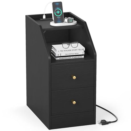 Giantex Night Stand with Charging Station - Sofa Couch End Side Table w/Open Shelf, Storage Drawers, USB & Type-C Port, Modern Narrow Nightstand Bedside Table for Bedroom Small Spaces (1, Black) Giantex