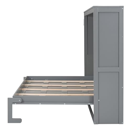 Merax Modern Murphy Cabinet Bed, Solid Wood Wall Platform Bed/No Box Spring Needed/Easy Assemble/Full,Gray Merax