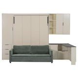 Quarte Queen Size Murphy Bed with Hydraulic Lift, Foldable Wall Bed with Sofa, Storage Shelves, USB Charging & LED Lighting, Space-Saving for Small Apartments Bedroom (Beige+Green Sofa) Quarte