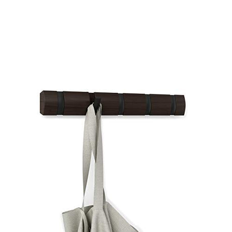 Umbra Flip Wall-Mounted Coat Rack Rail Hook for Hats, Jackets, Bags and More – Modern, Space-Saving Storage Organizer for Entryway, Mudroom, Closet, Bathroom, Bedroom, Kids Room, or Nursery, 5 Hooks, Walnut/Black Umbra