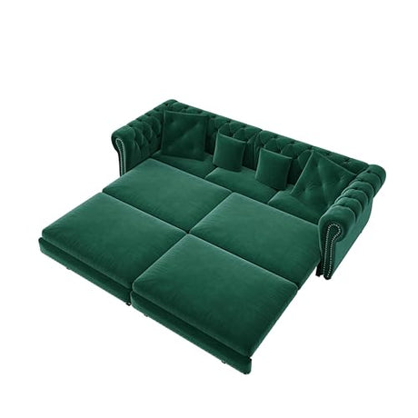 LuxyHoom 89" King Pull Out Sofa Bed, Velvet Chesterfield Sleeper Sofa Couch, 3 in 1 Convertible Tufted Futon Couches with Ottoman for Living Room, Small Space, Apartment, Office, Bedroom, Green LuxyHoom