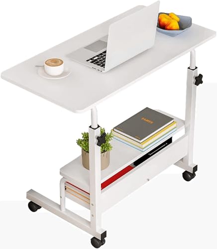 Adjustable Height Mobile Computer Desk for Small Space Rolling Writing with Wheels Corner Home Office Study Portable Bedrooms Work Size 31.5 Inch Storage Gaming Table, White D Dekhaoxe