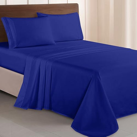 Elegant Comfort Luxurious 1500 Premium Hotel Quality Microfiber Three Line Embroidered Softest 4-Piece Bed Sheet Set, Wrinkle and Fade Resistant, Twin/Twin XL, Royal Blue Elegant Comfort