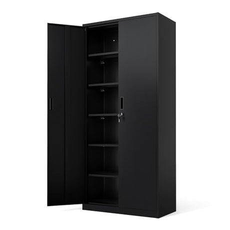 VINGLI Metal Garage Storage Cabinet with 2 Doors and 5 Adjustable Shelves, 71" Tall Steel Lockable File Cabinet, Locking Tool Cabinets for Home Office Garage Gym School (Black) VINGLI